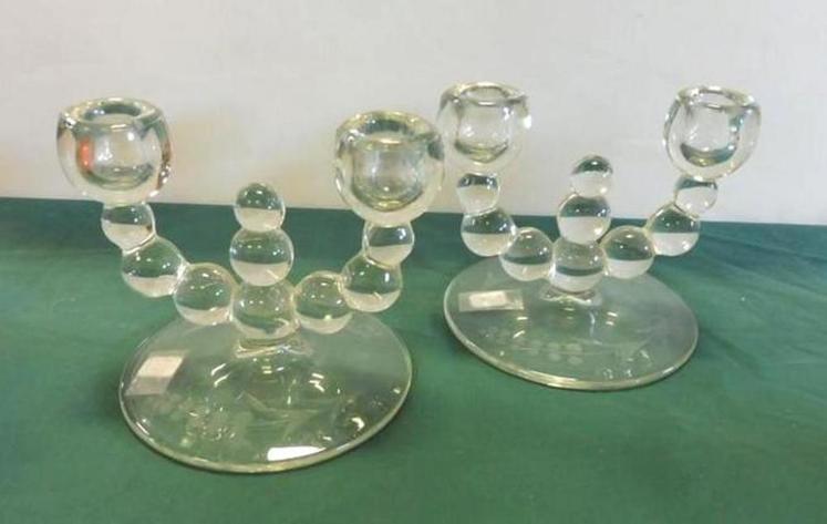 Image for Pair of etched large double glass candleholders