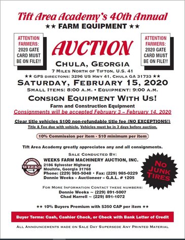 Image for Tift Area Academy's 40th Annual Farm Equipment Auction - Feb 15, 2020
