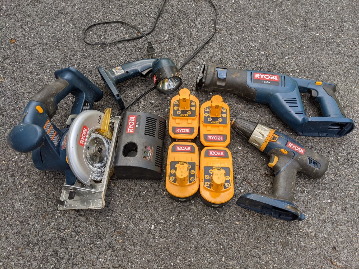 Ryobi 18V Cordless Tools, Charger, and Batteries