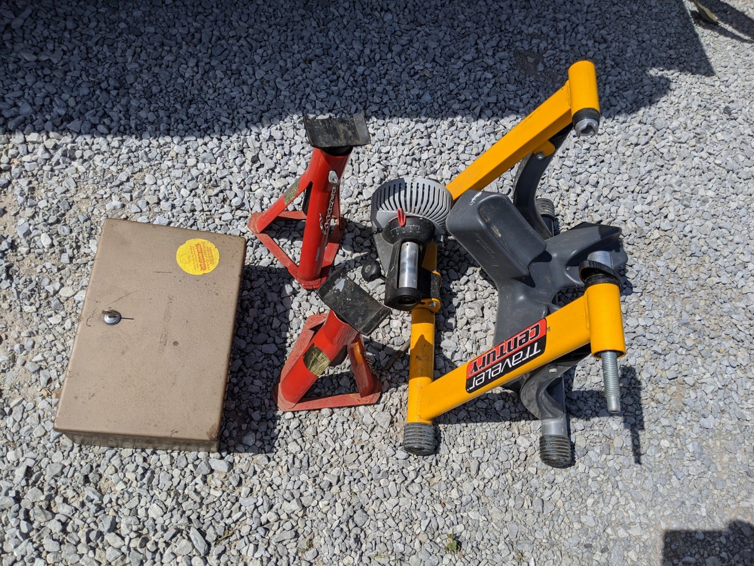 Metal Lock Box, Jack Stands, and Bike Trainer
