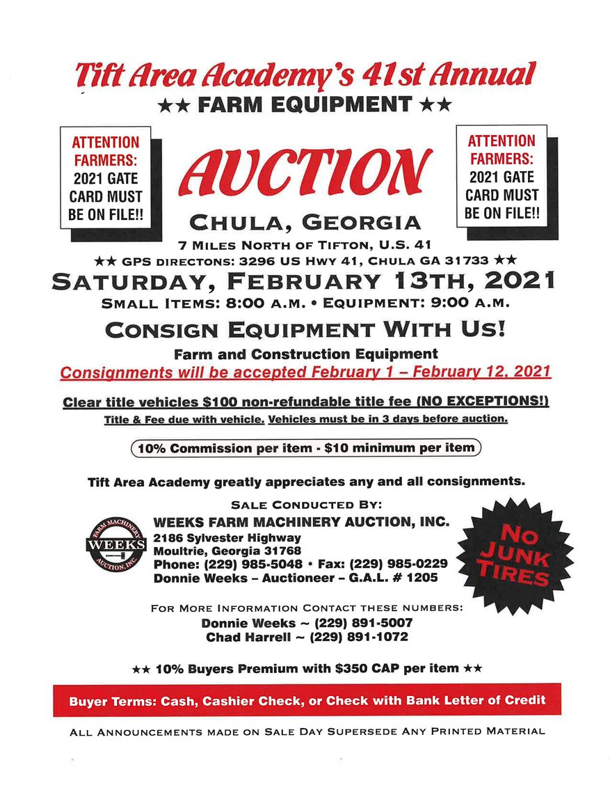 Image for Tift Area Academy's 41st Annual Farm Equipment Auction - Feb 13