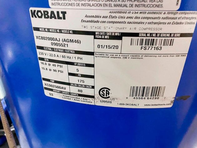 Image for ***SOLD***MJK0447 Kobalt Air Compressor 80 gal