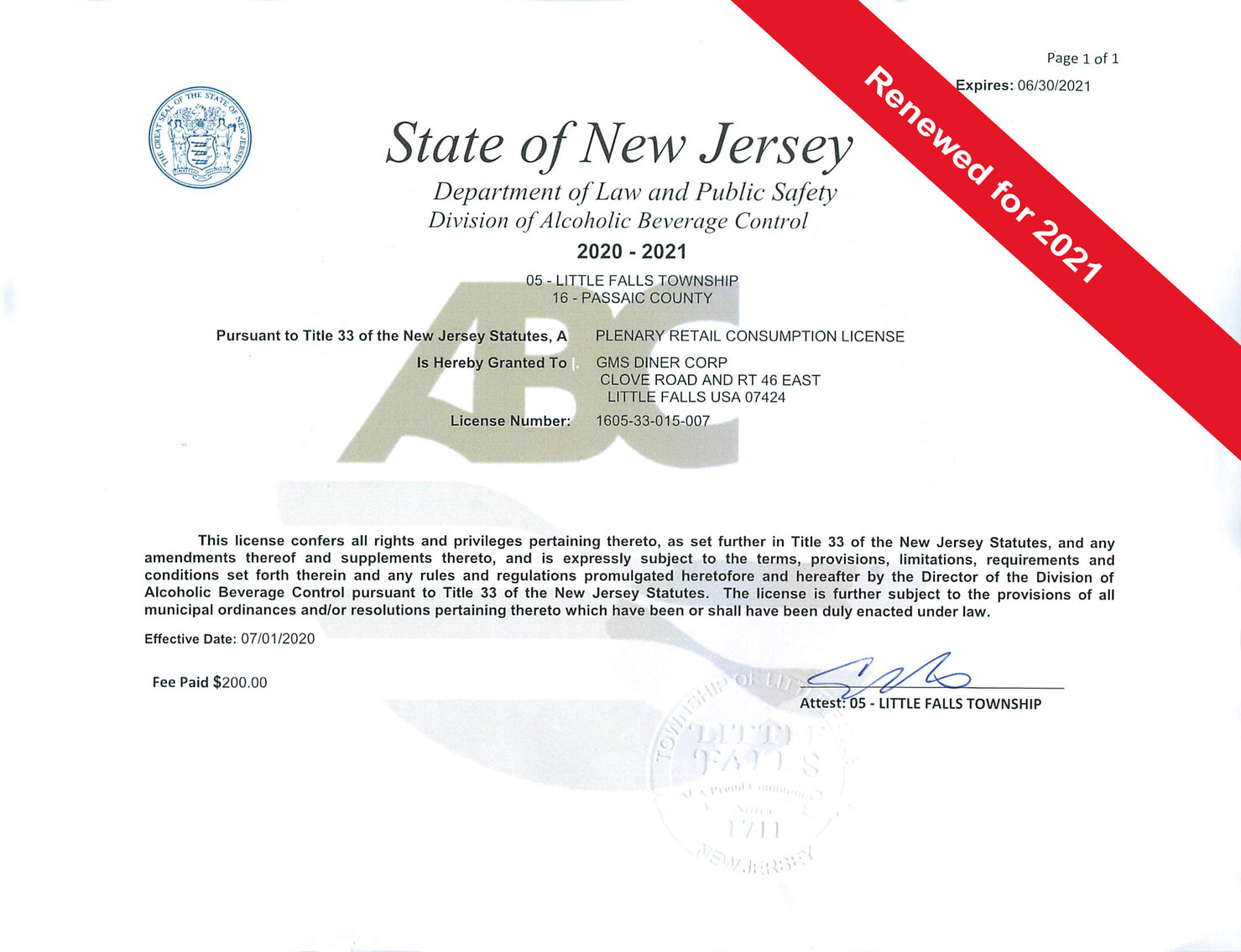 Little Falls, NJ "C" Liquor License & Restaurant Equipment