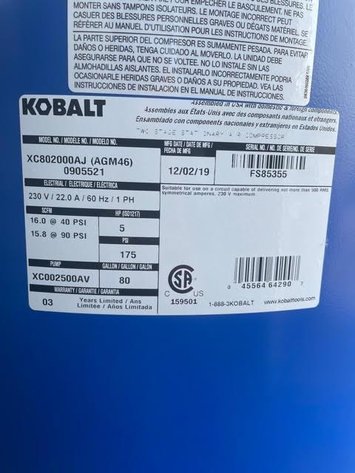 Image for ***SOLD*** MJK0611 Kobalt Air Compressor 80 gal