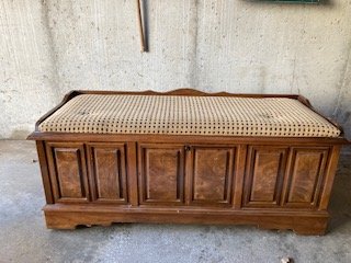 Vintage Lane Cedar Chest, Missing back leg; Upholstery has indentations