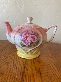Porcelain Musical Teapot,  Works, Repaired Knob