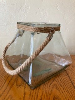 Large Heavy Glass Container with Rope Handle 8.5" tall x 8.5" wide