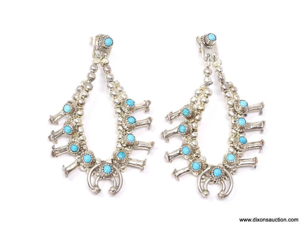 PAIR OF NATIVE AMERICAN NAVAJO STERLING SILVER & TURQUOISE SQUASH BLOSSOM EARRINGS