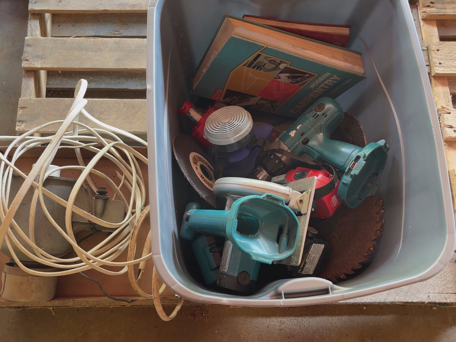 Tote of Power Tools and Batteries 