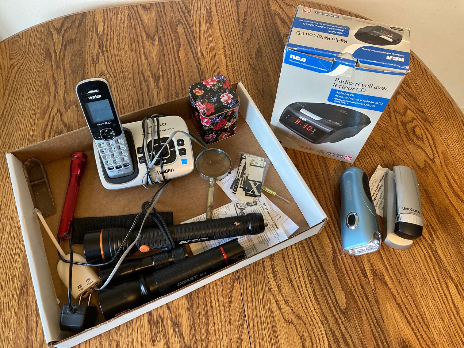 Flashlights, Phone, CD Clock Radio