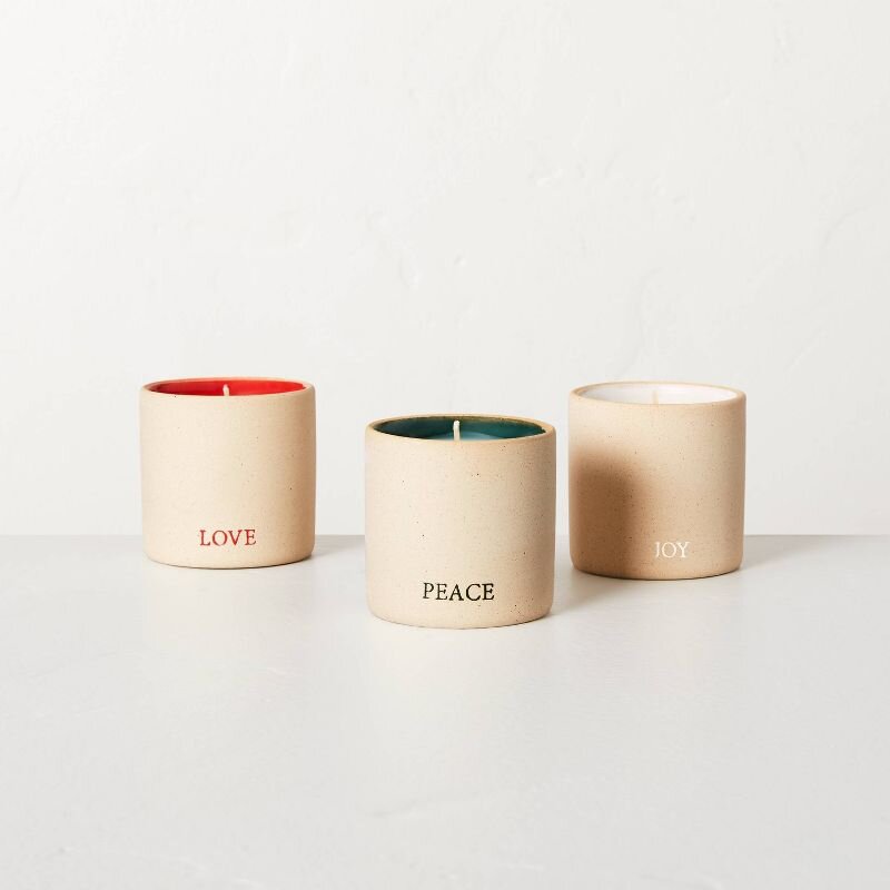 Hearth & Hand™ with Magnolia 3pk Raw Ceramic Love/Peace/Joy Sentiments Candle Gift Set 3oz