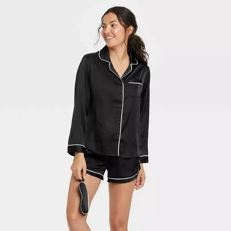 (Womens Size XL) Women's 3pc Satin Long Sleeve Notch Collar Top and Shorts Pajama Set with Eye Mask - Stars Above Black
