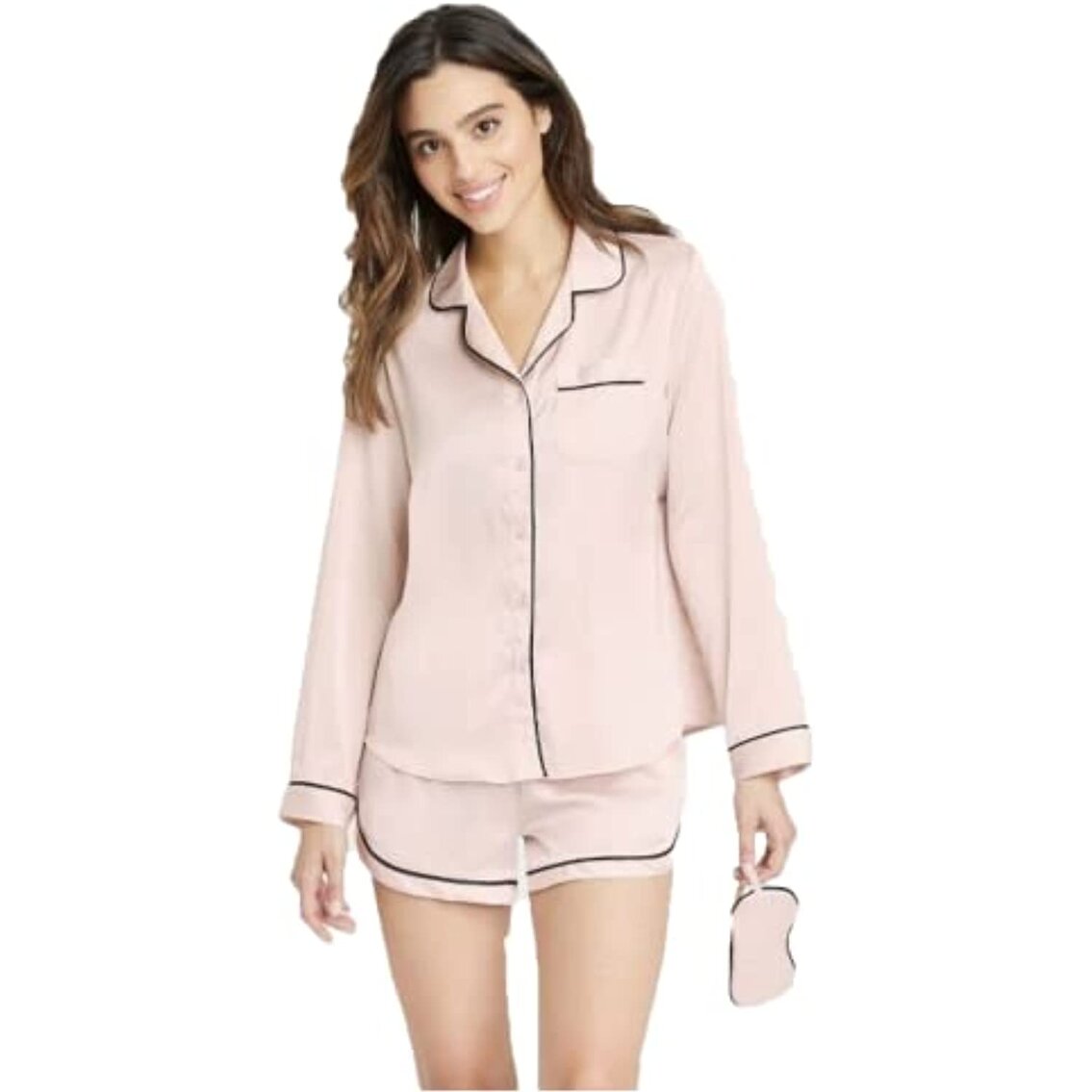 (Womens Size Small) Stars Above Women's 3pc Satin Long Sleeve Notch Collar Top and Shorts Pajama Set with Eye Mask