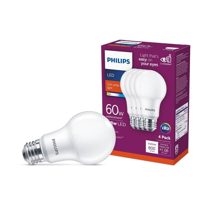 Philips Basic A19 60W E26 2700K LED Light Bulb T20 Soft White 4 pack