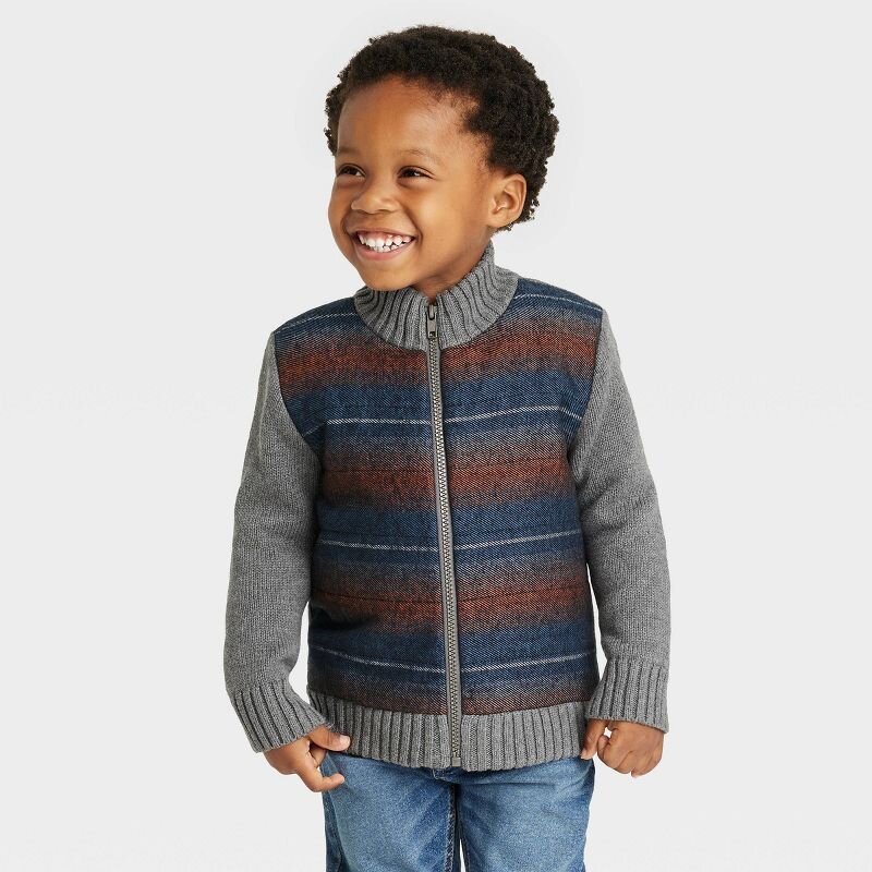 Toddler Boys' Quilted and Knit Zip-Up Sweater - Cat & Jack™ Blue/Brown size 5T