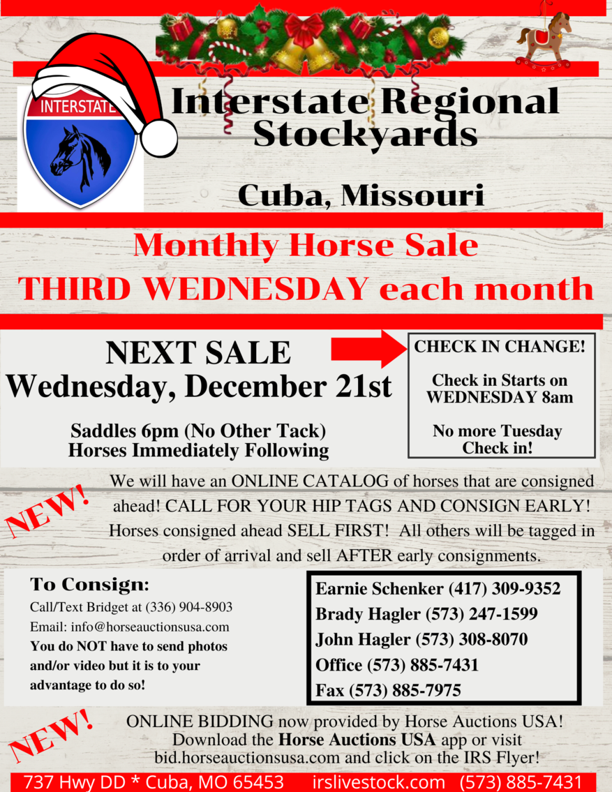 Interstate Regional Stockyards Horse Sale Cuba, Missouri December 21st