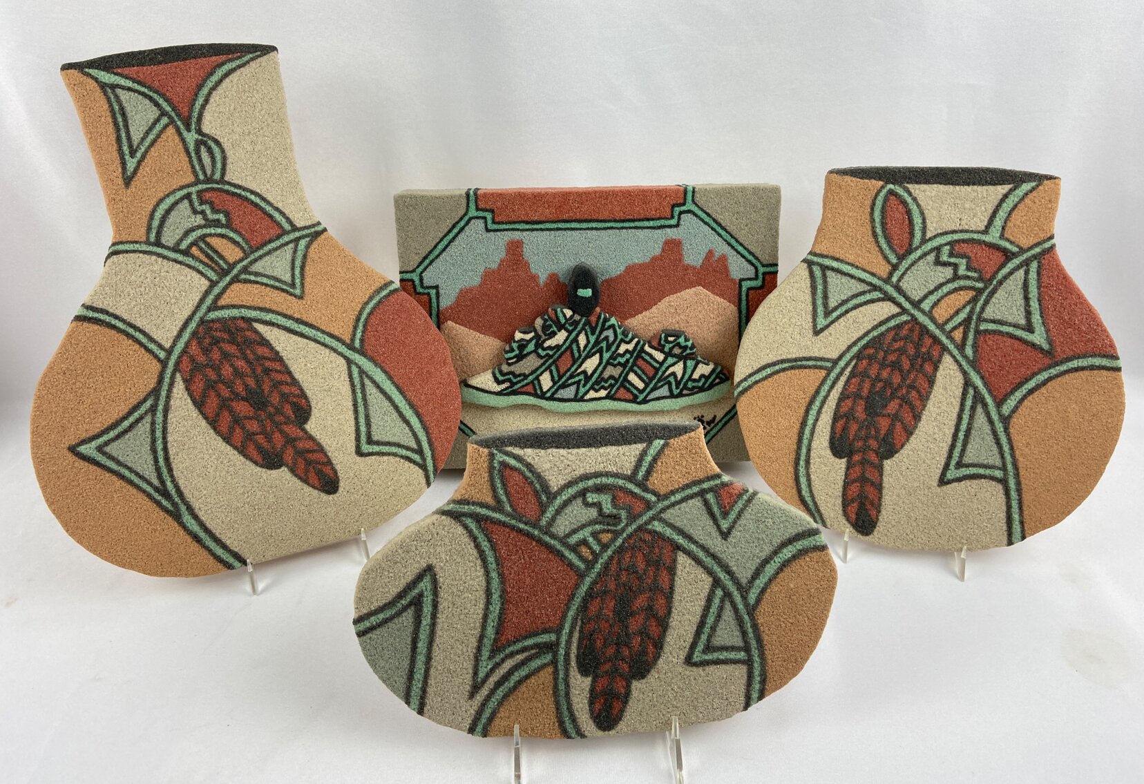 Four Gorgeous Southwest Sand Art Pieces, One Signed PAW