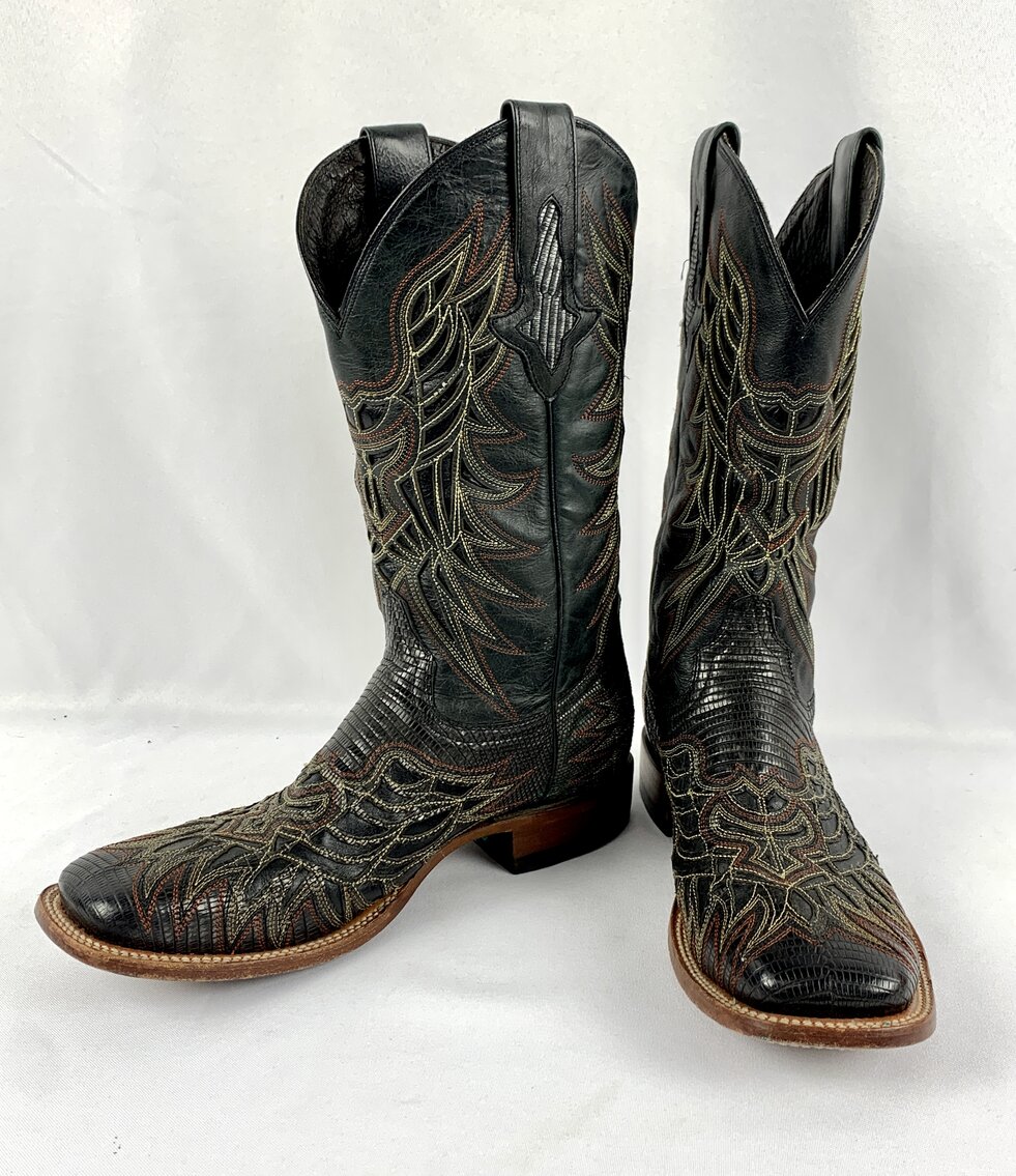 Lucchese Lizard Men's Cowboy Boots Black Size 9.5 Model 4546 - Elaborate Stitching