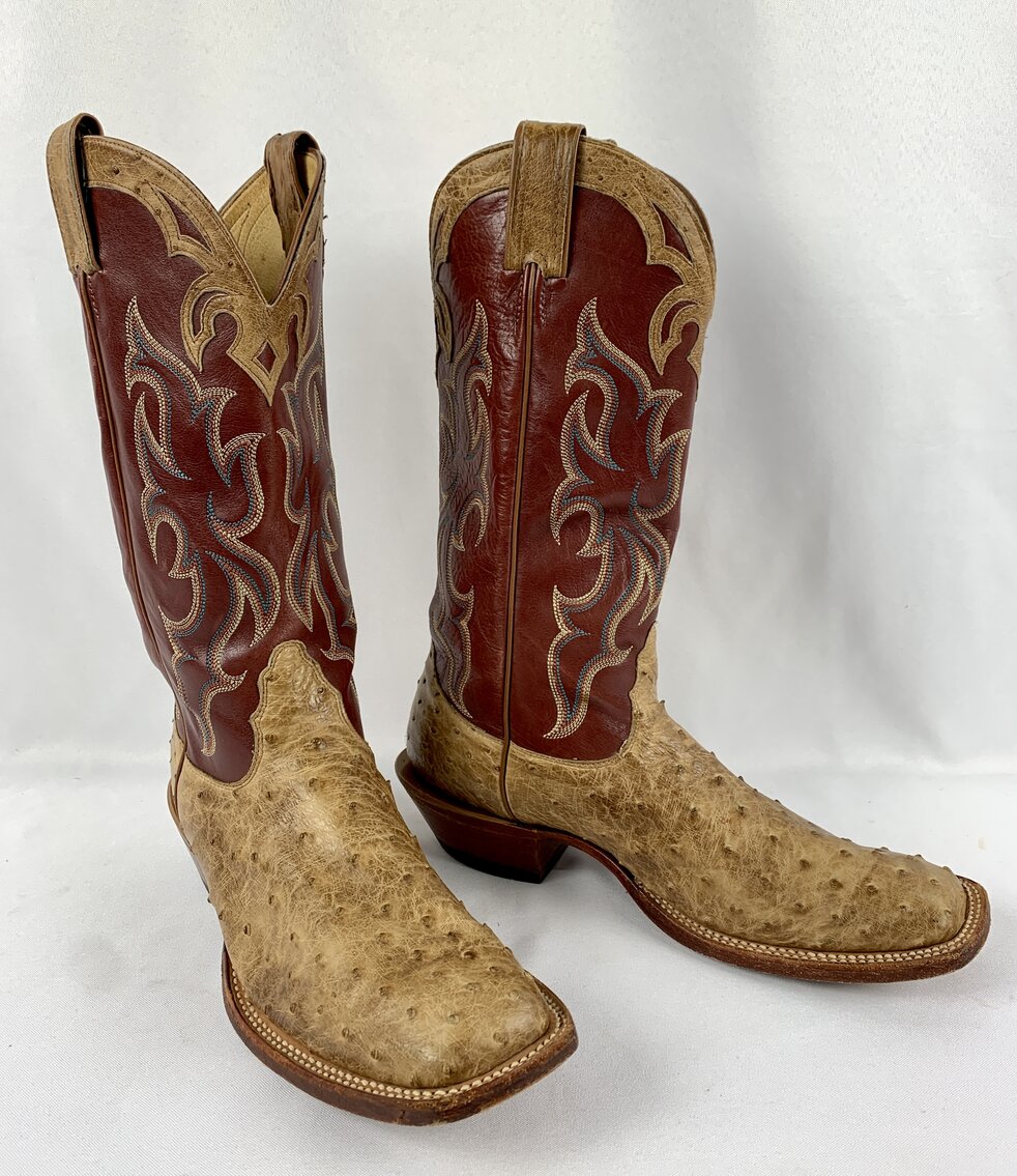 Nocona Full Quill Ostrich Two-Tone Men's Cowboy Boots Size 9.5 - Tan and Burgundy