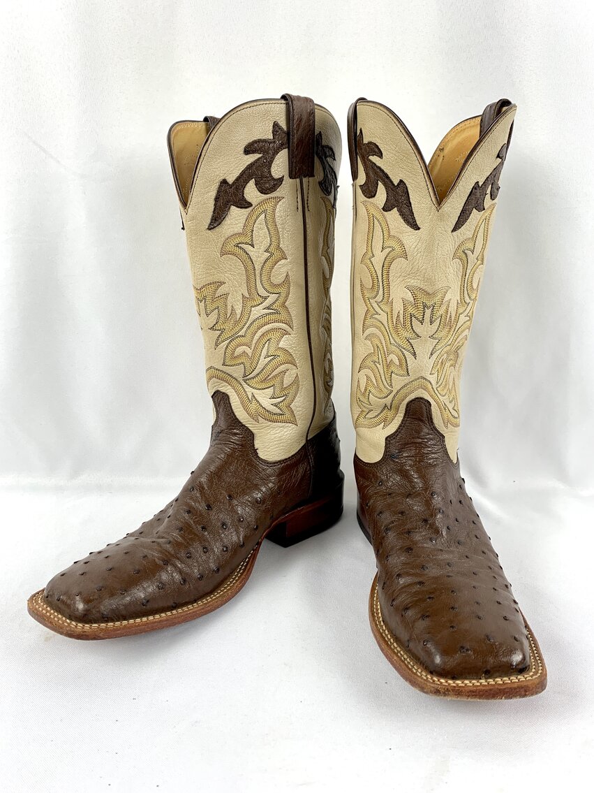 Justin Full-Quill Ostrich Two-Tone Men's Cowboy Size 9.5 - Brown and Beige
