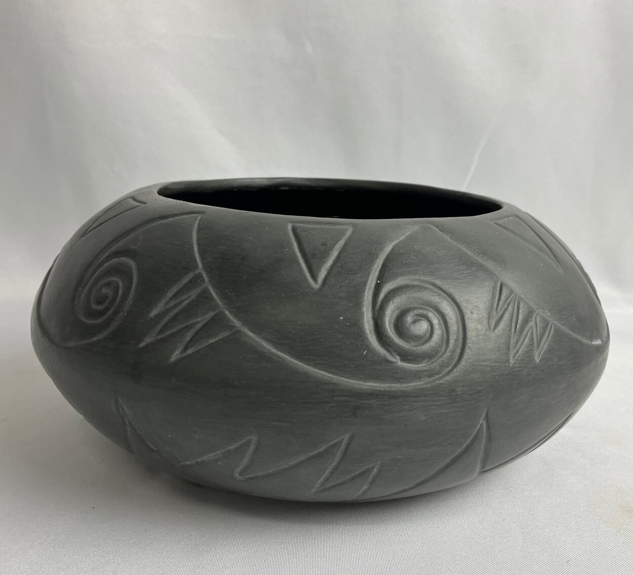 Native American Carved Blackware Bowl Signed MK