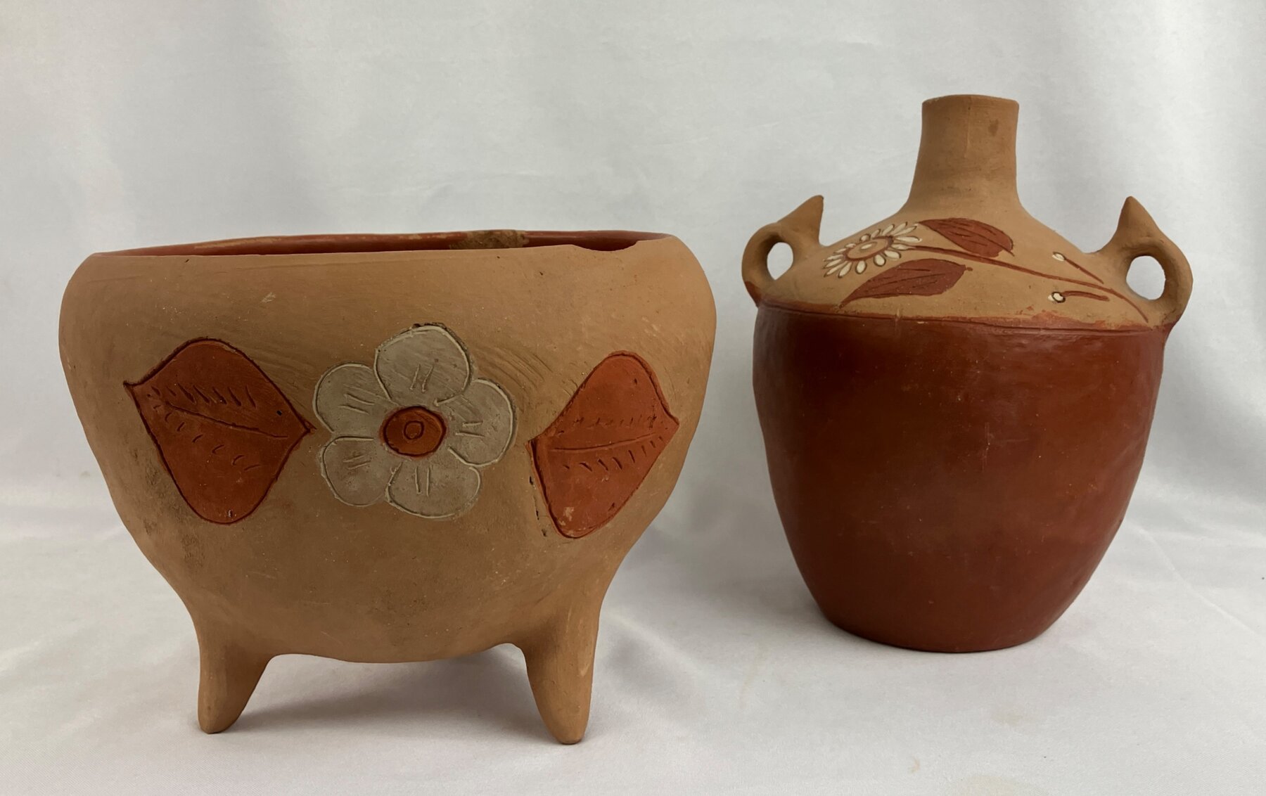 Vintage Mexican Terracotta Handled Jug and Tripod Planter