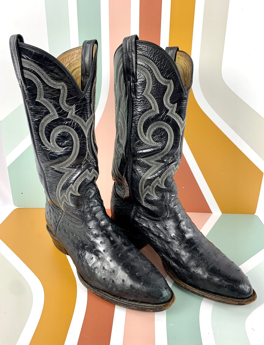 Nocona Men's Black Full Quill Ostrich Cowboy Boots - Size 9.5