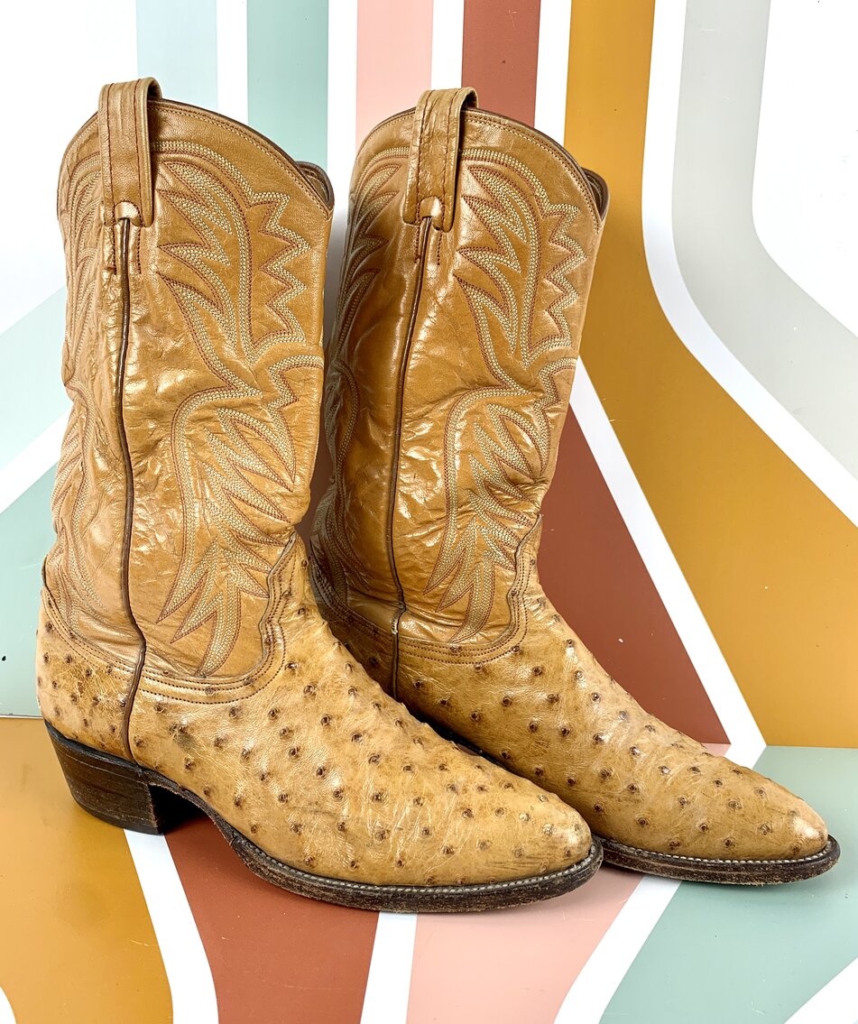 Nocona Full Quill Ostrich Vamp Cowboy Boots #9056 - Size 9.5B Caramel