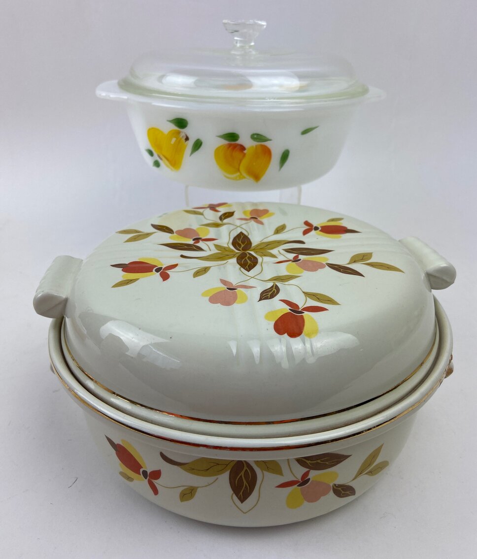 Fire-King 1.5Q Gay Fad and Halls Superior Autumn Leaf Lidded Casseroles