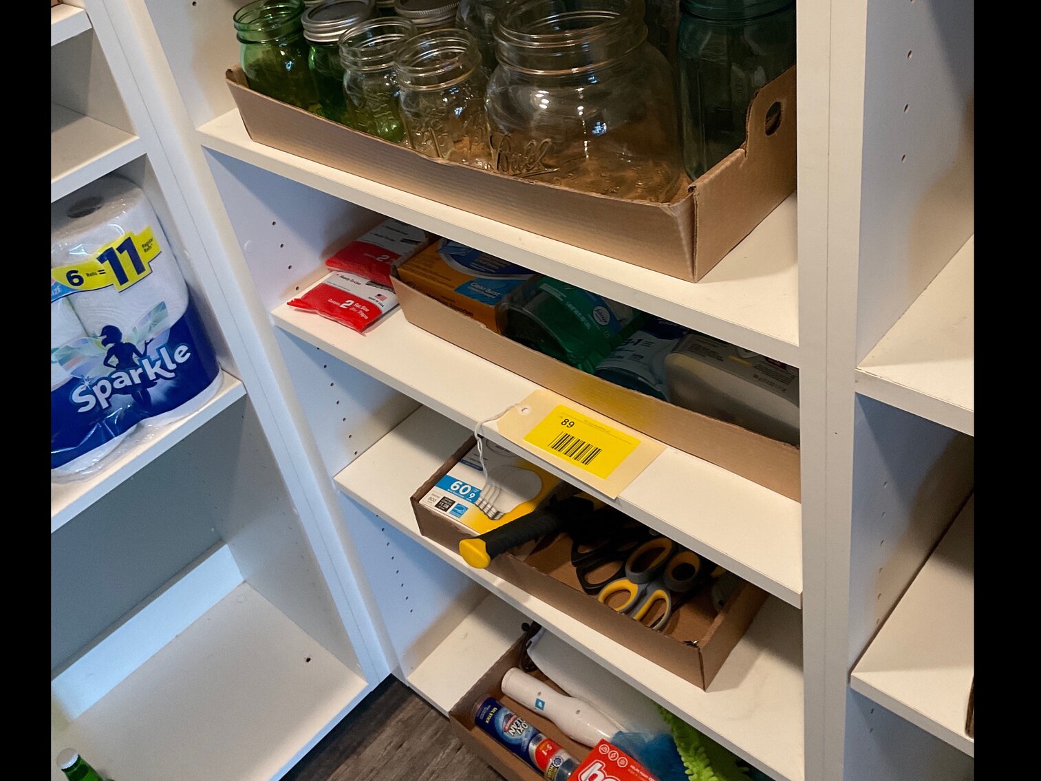 Mason jars, cleaning supplies, hardware