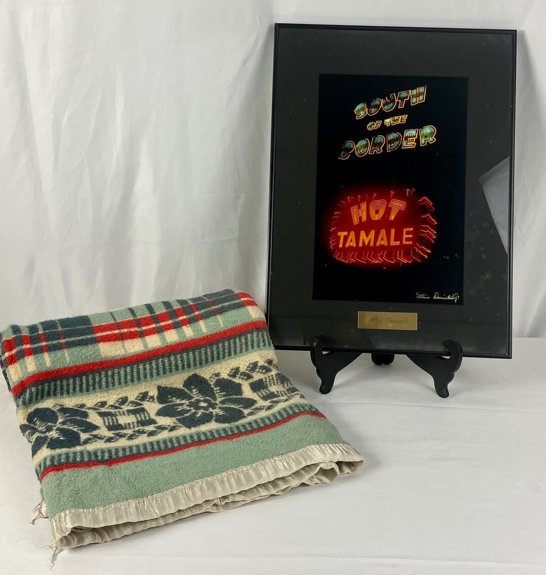 Southwestern Wool Blanket 64" x 55" with Framed "Hot Tamale" Neon Signs Photoprint