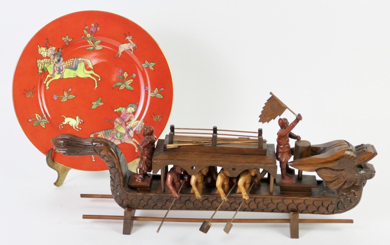 Asian Style Decorative Plate and Wooden Boat