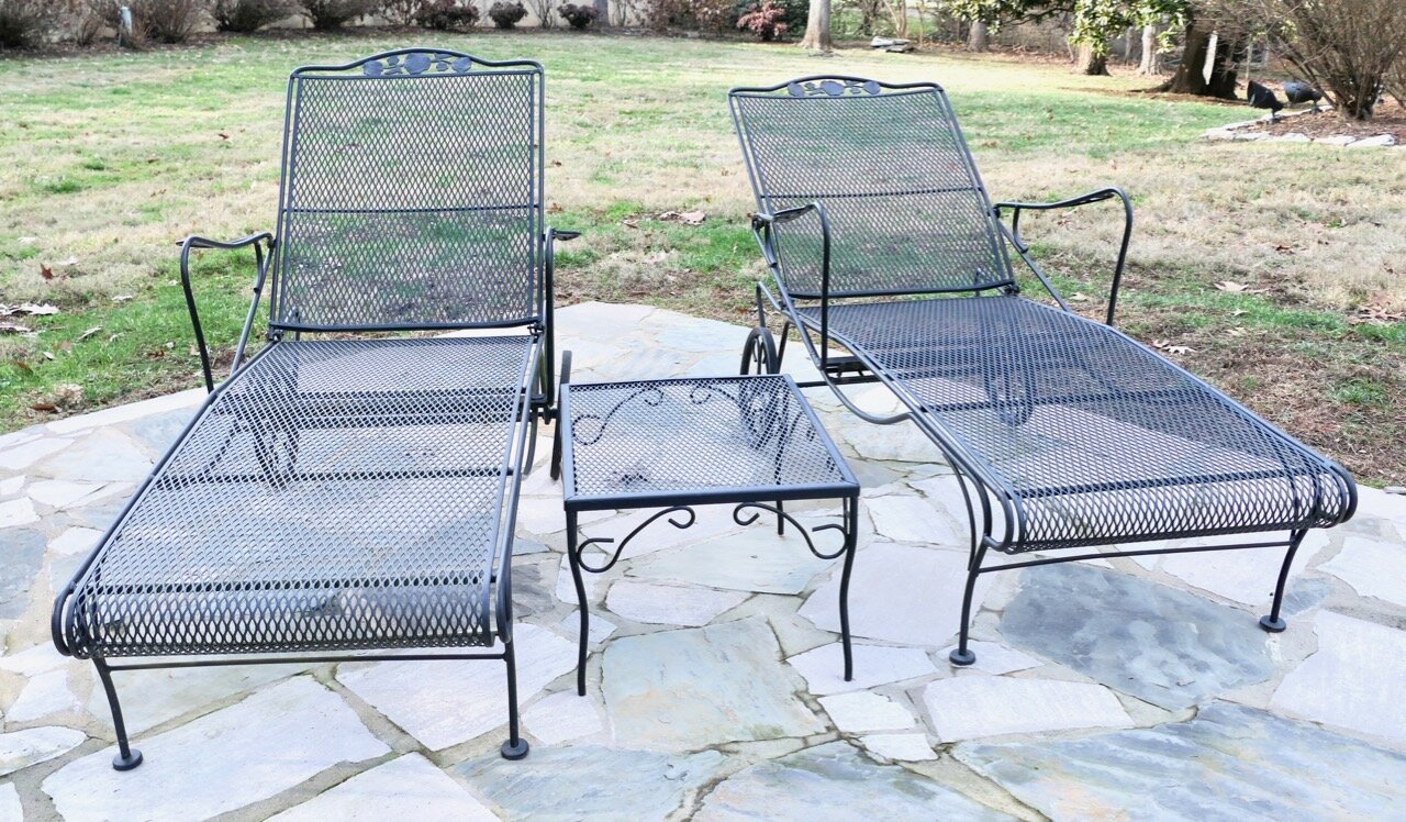 Pair of Wrought Iron Patio Lounge Chairs with End Table