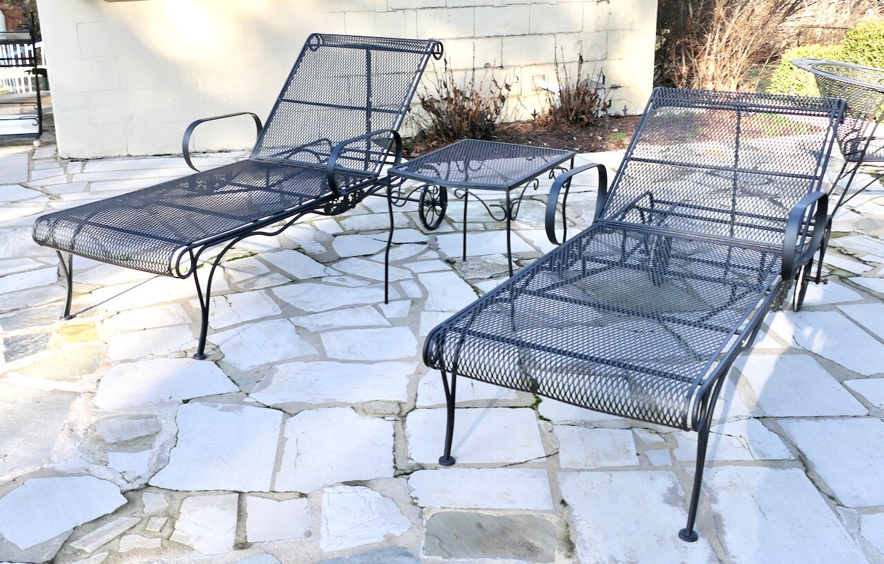 Pair of Wrought Iron Patio Lounge Chairs with End Table