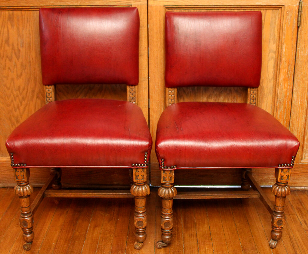 Pair of Chairs with Red Leather Seats and Backs