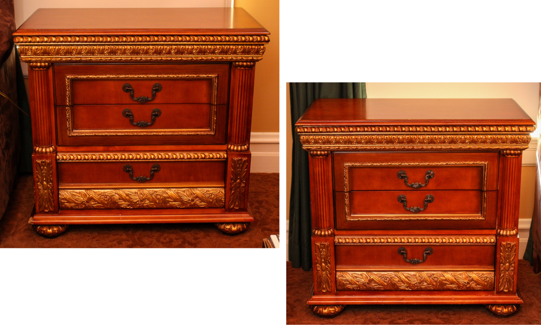 Pair of Bellissimo Birch Hardwood Mahogany Finished Empire Style Nightstands