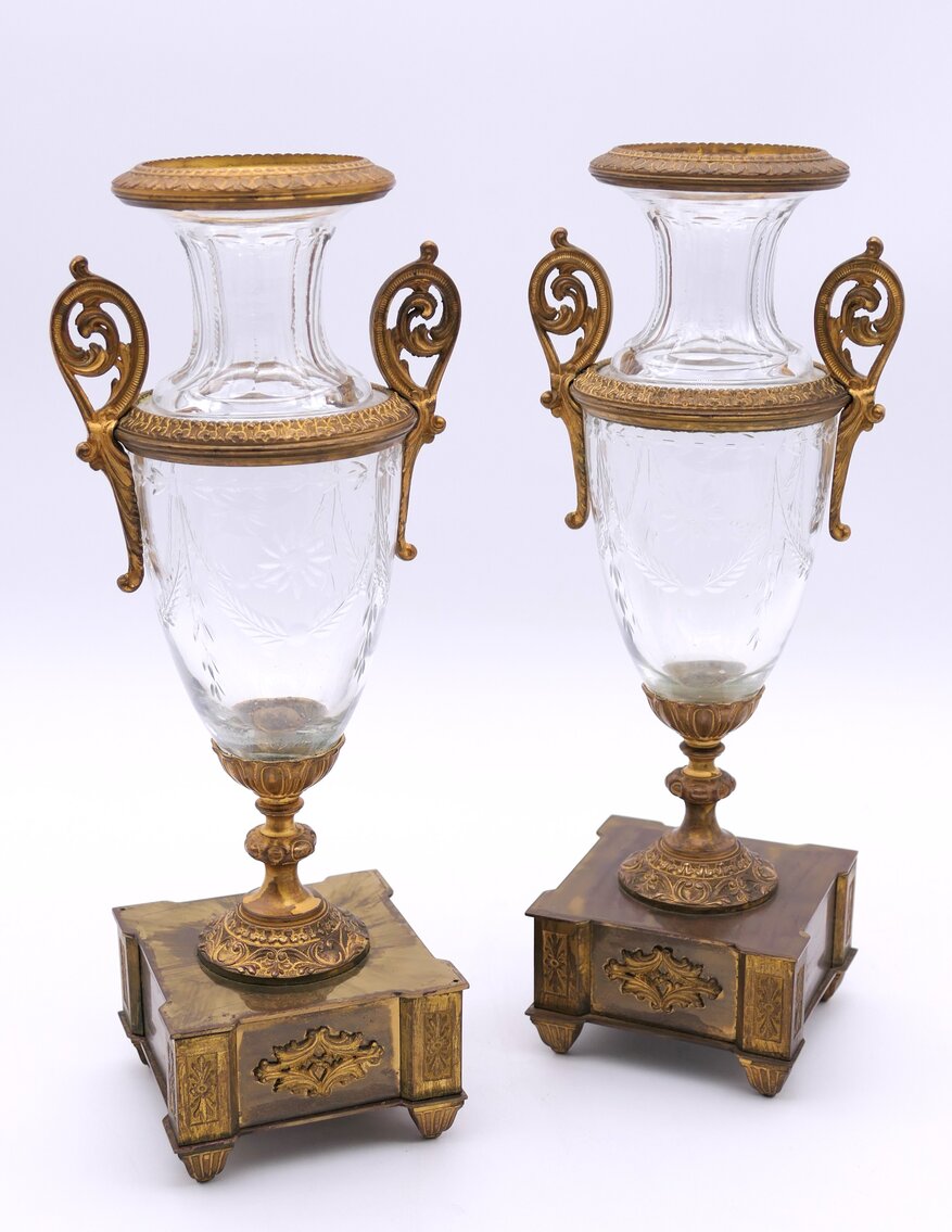Pair Of Glass and Dore Urns