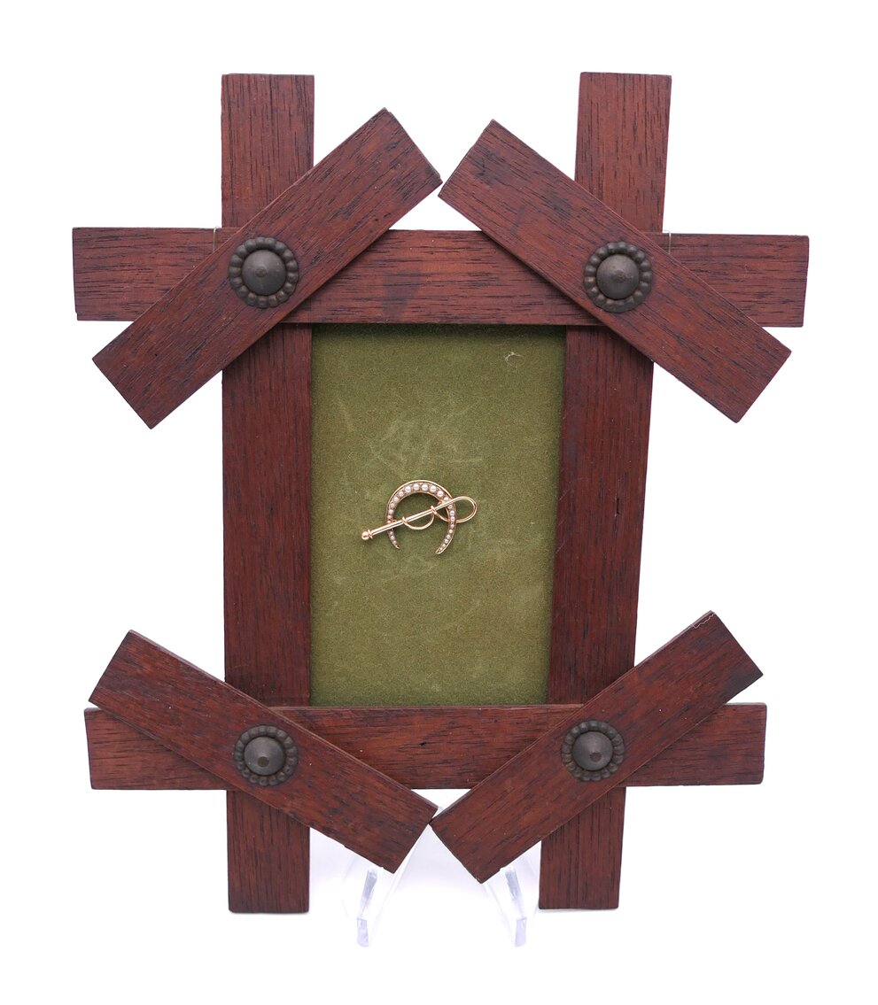 14K Gold Horseshoe Brooch in Walnut Stick Frame