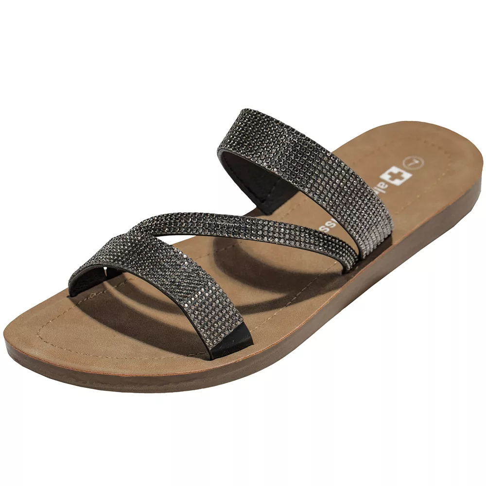 (Womens Size 8) Alpine Swiss Womens Rhinestone Slide Sandals Dressy Summer Strappy Flat Shoes