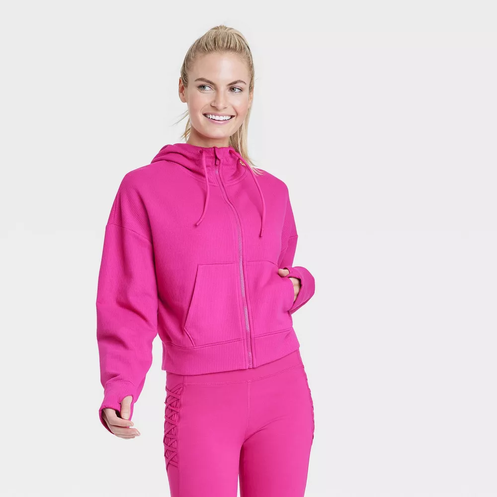 Size XL Women's Ribbed Fleece Cropped Hooded Sweatshirt - All in Motion™