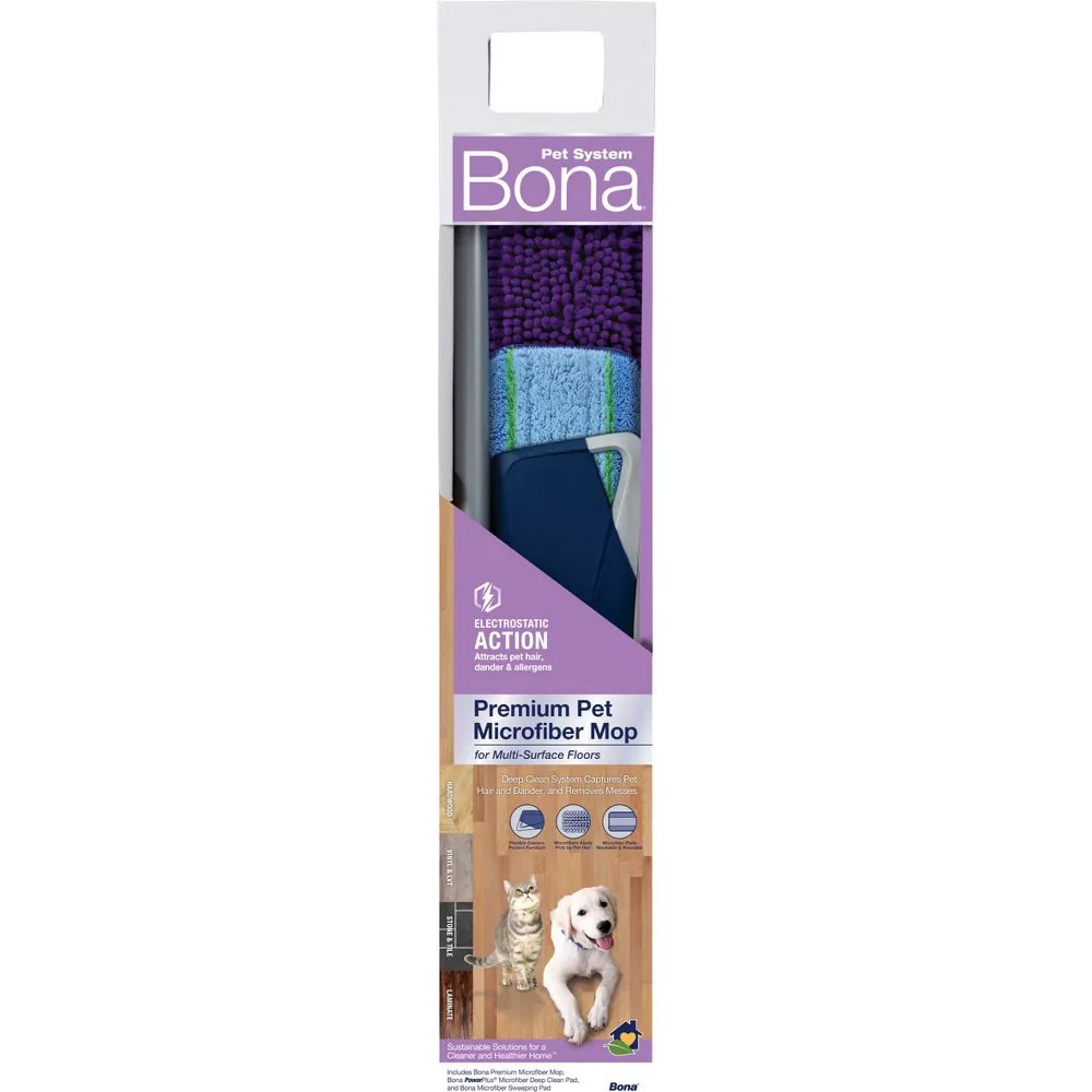 Bona Pet Floor Mop Starter Kit - 2 in 1 Wet + Dry Floor Sweeping + Mopping - 1 Mop, 1 Reusable Sweeping Pad, 1 Reusable Mopping Pad (some box damage)