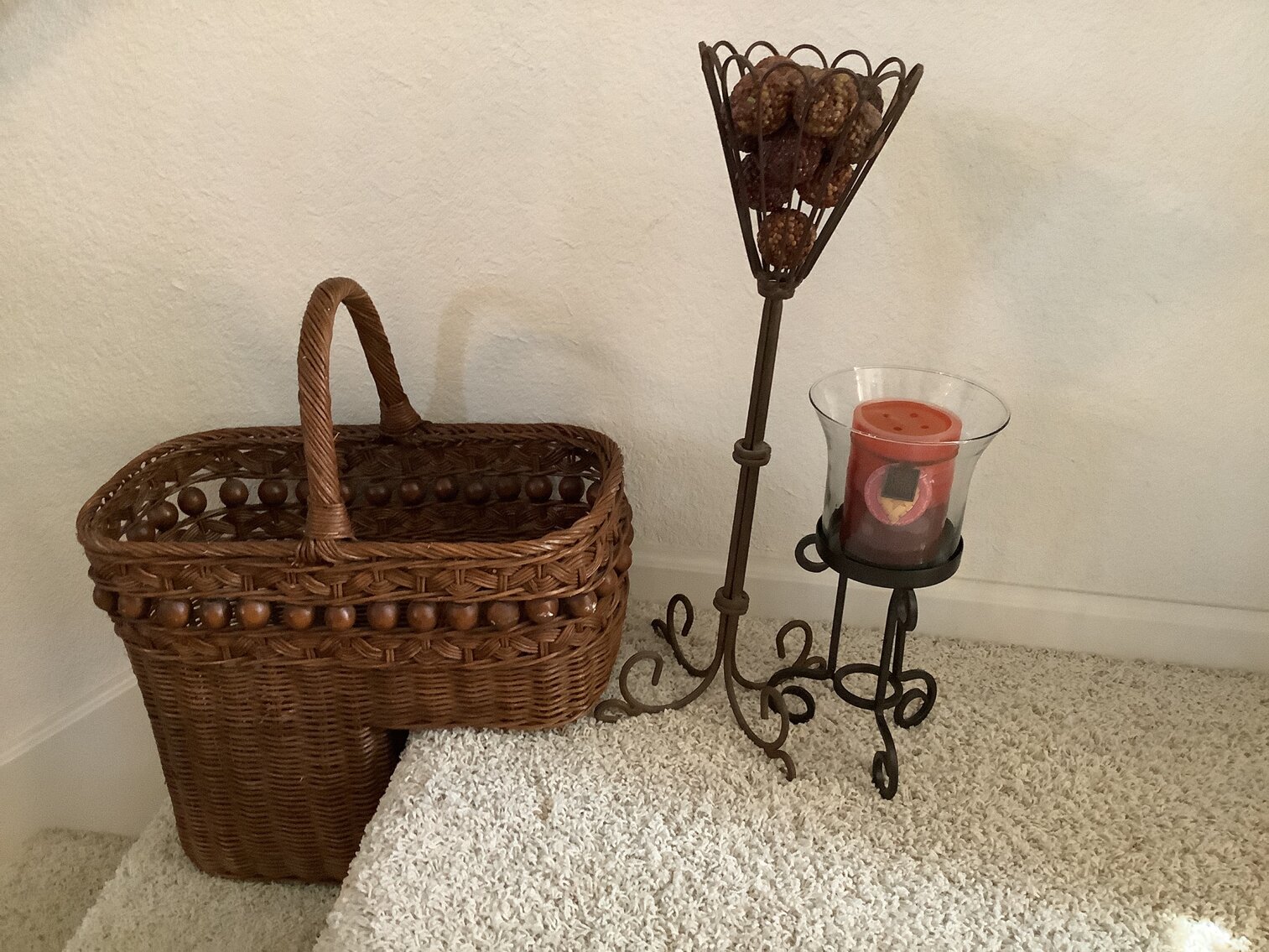 Stairway Basket, Decorative Metal Vase, Candle and Holder.