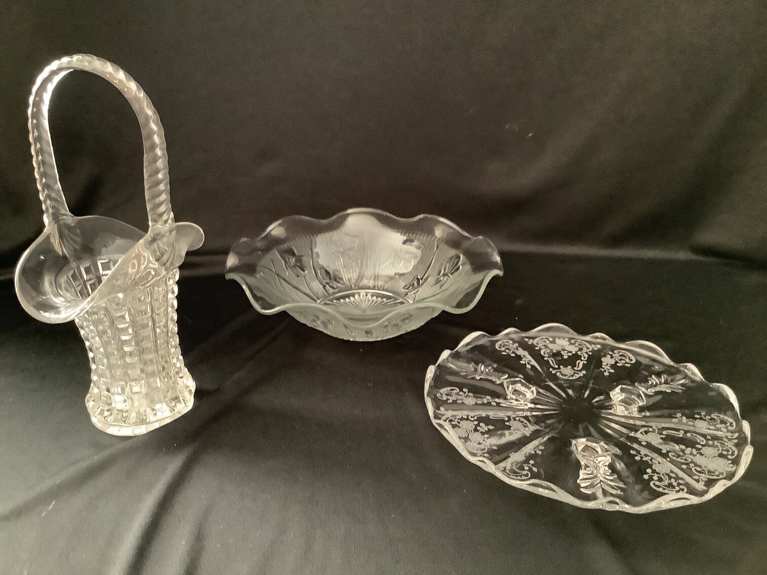 Glass Basket, Etched Cookie Plate, Iris Bowl