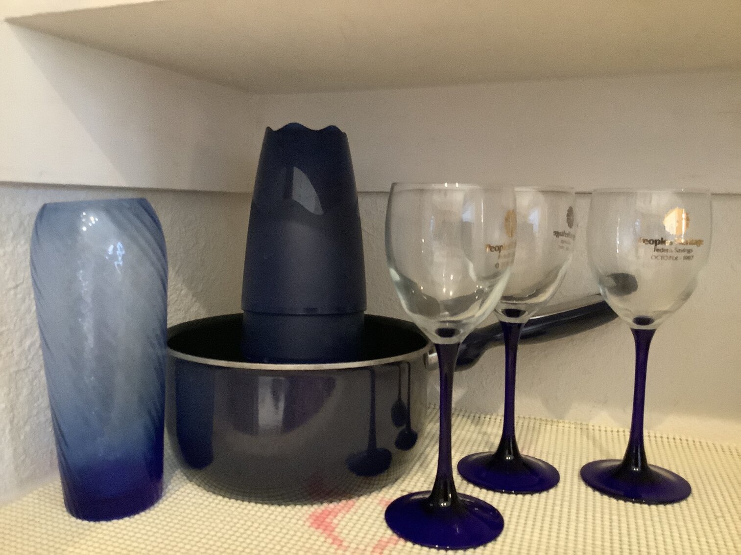 T-fal Pot, Blue Vase, Glasses, Goblets 