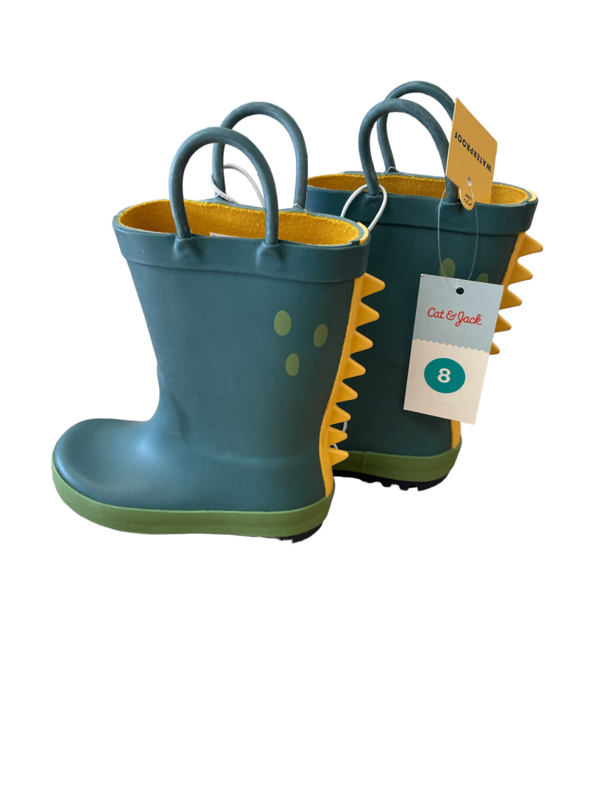 (Toddler Size 10) Cat & jack target pull on green yellow rain boot boy dinosaur spikes