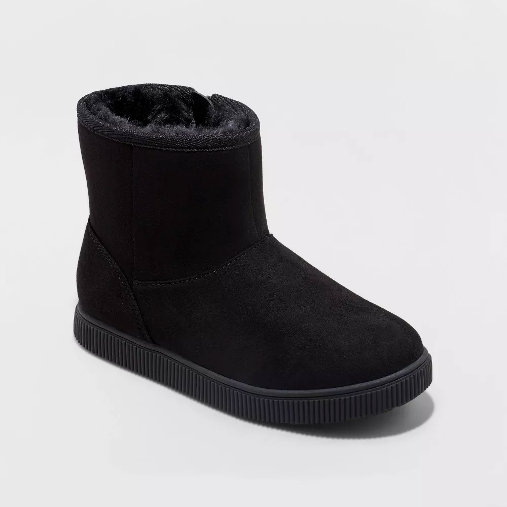 (Girls Size 1) Cat & Jack Youth Girls' Jet Black Holland Zipper Winter Shearling Boots