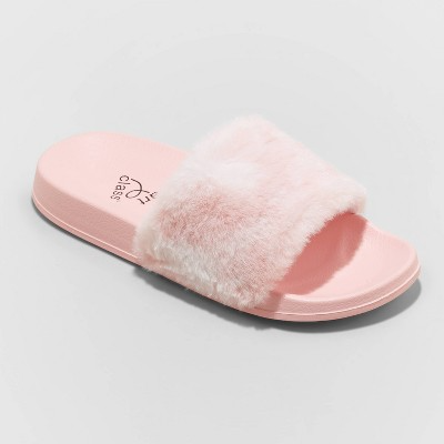 (Kids Size XL) Girls' Aubrianna Single Band Fur Slide Slippers - art class™ Pink