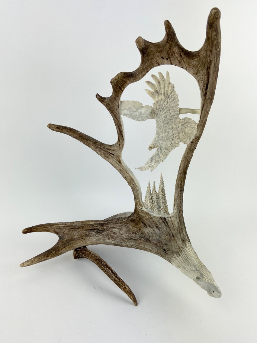 Double Antler Double Soaring Eagle Carving