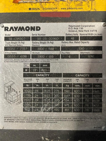 Image for ***SOLD*** MJK1017 Raymond Electric Forklift Model: SB CSR30T