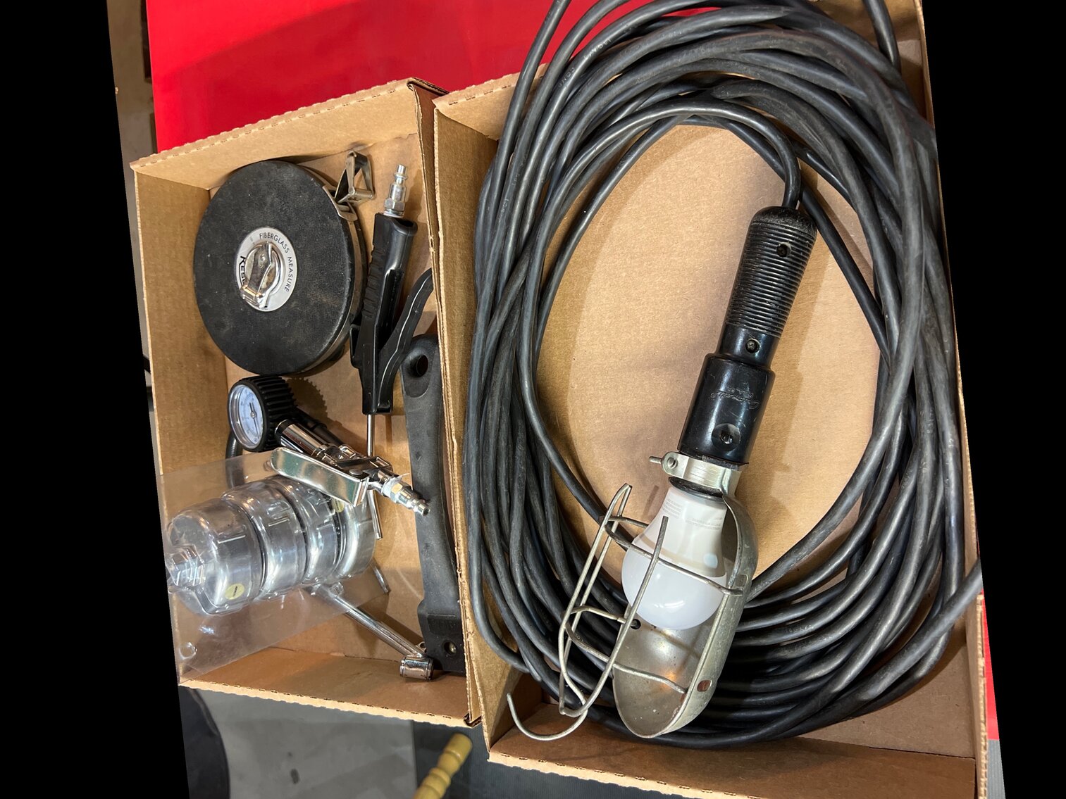 Drop cord, 100 foot tape, compressor tools and more
